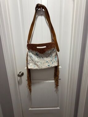 Brown Leather & White Speckled Fringe Shoulder Bag